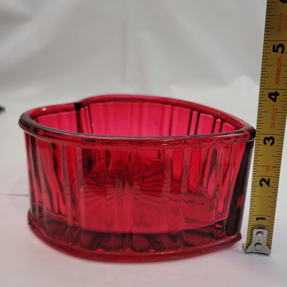Vintage Heart Pressed Glass Dish Ruby Red Ribbed Sunburst Base Trinket Love 5.5